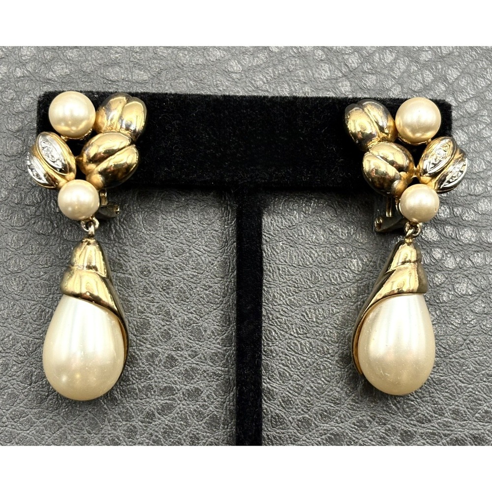Gold and Cream Faux Pearl Teardrop Clip-On Earrings